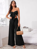 Conjunto Cropped Calça Pantalona Top de Amarrar